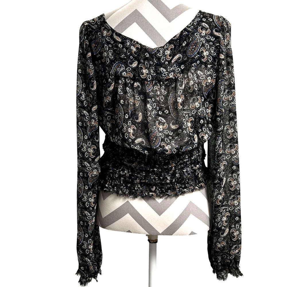 Free People Sheer Paisley Print Square Neck Long Sleeve Smocked Blouse Top Large - Picture 2 of 7